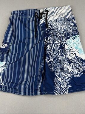 Pacific & Co Miami Board Shorts Mens L Y2K Tattoo Graphic Surf Swim Trunks